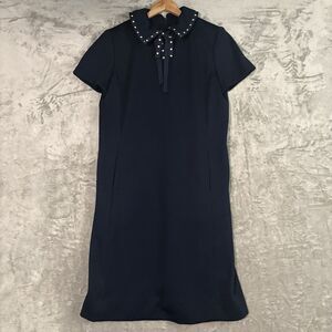 Vintage Abe Schrader Belle Saunders Pearl Beaded Collar Ribbed Knit Dress Navy